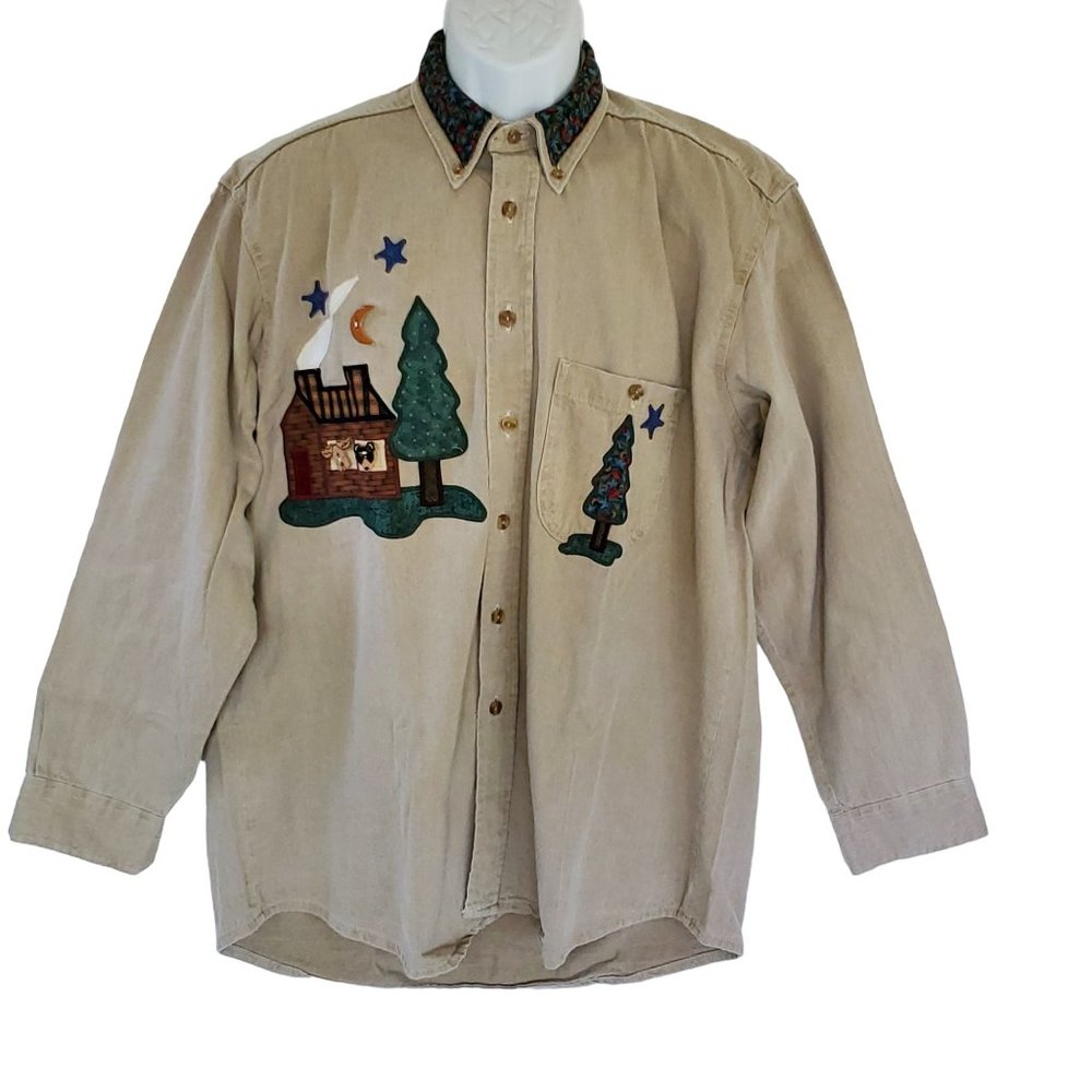 Vintage Three Rivers Shirt Men's L Khaki Denim Long Sleeve Button Outdoor Cotton